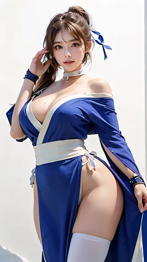 (((  top quality))), ((  Masterpiece )), (    Details), ((Alone)), (((((( Ponytail,  hair ribbon,  Choker,  Blue Dress , Short sleeve, band,  kimono, Arm guard,  pelvic curtain ,  detailed background with white knee-high , Off Shoulder )))))),  ((( slender...