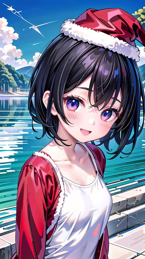 (1 person)、(((Short black hair)))、((whole body))、(((Santa outfit with front open)))、((Random Pause))、((At the lake in summer))、(((whole body)))、(Beautiful Japanese Women)、(Santa hat)、((Santa clothes))、 (Navy blue one-piece school swimsuit)、((Open mouth smi...