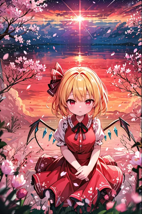 Detailed background, masterpiece,  top quality, Expressive、 upper body、１alone、１By people、１Only people、only girl、Flandre Scarlett, ,  third-tailed yellow hair 、 red eyes、Blonde、Short Hair、 short hair 、 about the age of a female college student 、 Touhou Proj...