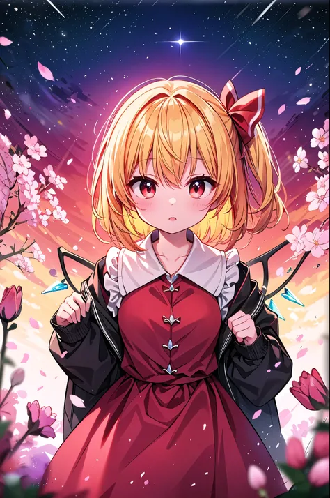 Detailed background, masterpiece,  top quality, Expressive、 upper body、１alone、１By people、１Only people、only girl、Flandre Scarlett, ,  third-tailed yellow hair 、 red eyes、Blonde、Short Hair、 short hair 、 about the age of a female college student 、 Touhou Proj...