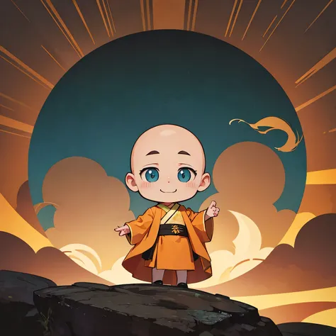 "Cute and colorful illustration of smiling Buddhist monks singing in chorus, chibi style, soft pastel colors, kawaii characters, round faces with rosy cheeks, simple bald heads, orange and yellow robes with clean lines, standing in formation, musical notes...