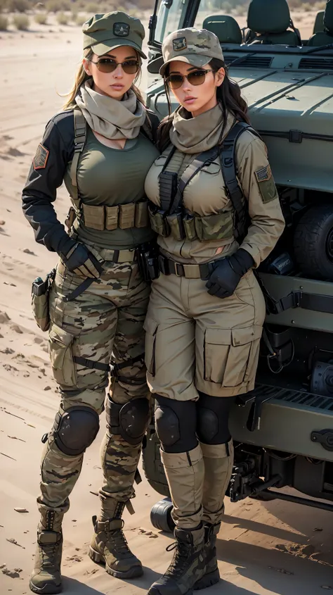 Two Sexy Women with Big Breasts , tactical sunglasses,  athletic body ,  Military Scarf and Cap in an  Military Jeep 