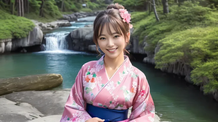 (Beautiful woman in kimono) (masterpiece)、(((((Highest image quality))、((High resolution))、((High-definition CG Unity 8k Wallpapers))、solo,
A beautiful woman is depicted in a pink floral kimono, accentuated by a blue belt. The scene unfolds outdoors, with ...