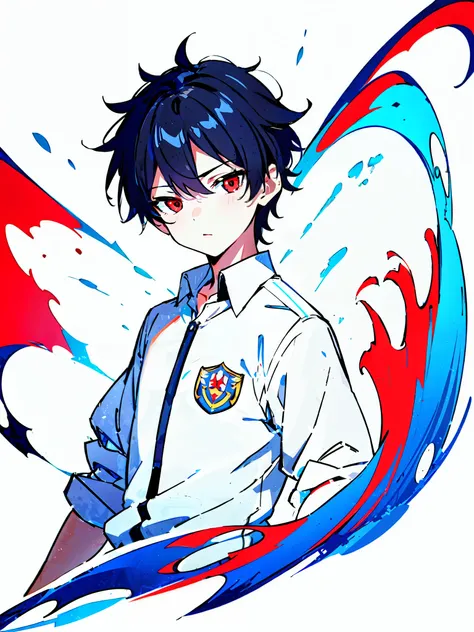 [(WHITE BACKGROUND:1.5),::5], ((masterpiece)), high quality, ultra very high resolution, full color, ((solo)), ((little younger boy)), white shirt, ((mens Black hair)), (Red eyes), anime, (upper body), (Blue Blaze effects:1.3)