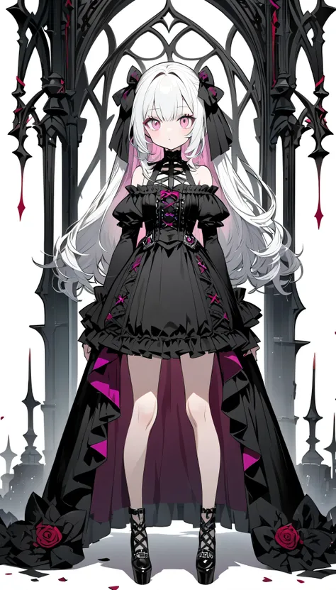  ultra detailed, cute girl,　Long white hair,　 pink eyes, 　Off-the-shoulder gothic ,side, white background ,whole body,standing