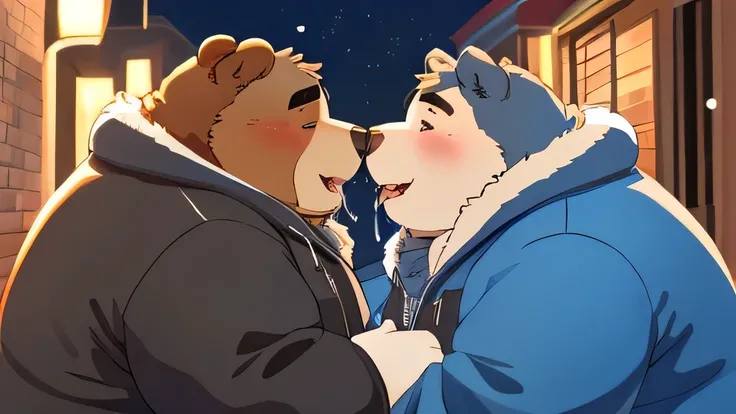  high image quality、 High Quality 、masterpiece、Chav, Being overweight、obesity、Fat face、 chubby , male ,  furry , Fluffy,  drool ,Kiss , , Climax face , Sexual ( extremely romantic atmosphere , masterpiece) , （ Anthropomorphic Bears and Anthropomorphic Wolv...