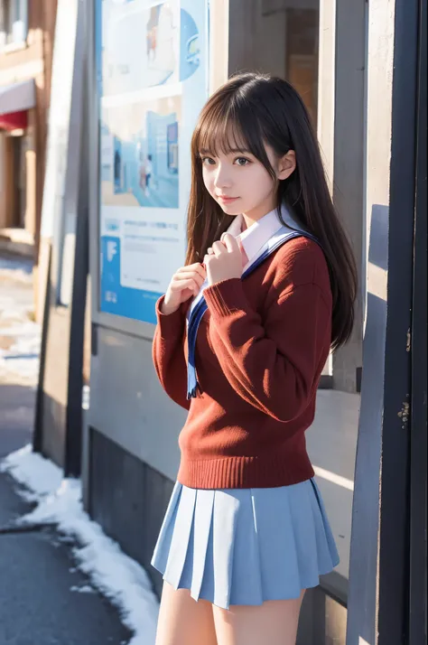 A girl (20-year-old) wearing high school uniforms with mini mini skirt is in sunny Winter town.