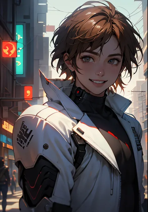    very detailed,      high definition   ,    very detaileded,  top quality,    wonderful,  top quality,      high definition  CG Unity 8K wallpaper   ,   movie lights,    cyberpunk,    brown hair   .Nice.What a beautiful smile   .white suit style 