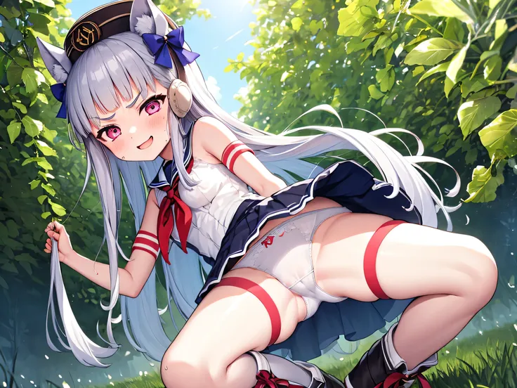 blue sky、grassland、nature、 ( top quality:1.2), Alone,  1 girl, umpd gold ship,[Hat type, V-shaped eyebrows,  sailor suit、 white pantyhose,  boots,  、 Kindergarten Mother、、、 s、 sの小さな体、blush、smile、 glaring at a large amount of love liquid 、 nipples can be se...