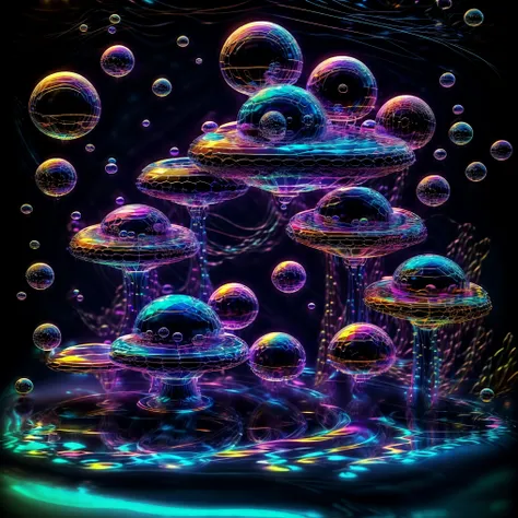 A close up of beautiful bubbles floating on top of each other, LSD, DMT imagery. octane render, psychedelic droplets of water, abstract liquid, and intricate rainbow art. octane render, black 3d fluid simulation,  ethereal bubbles, swirling liquids, and hi...