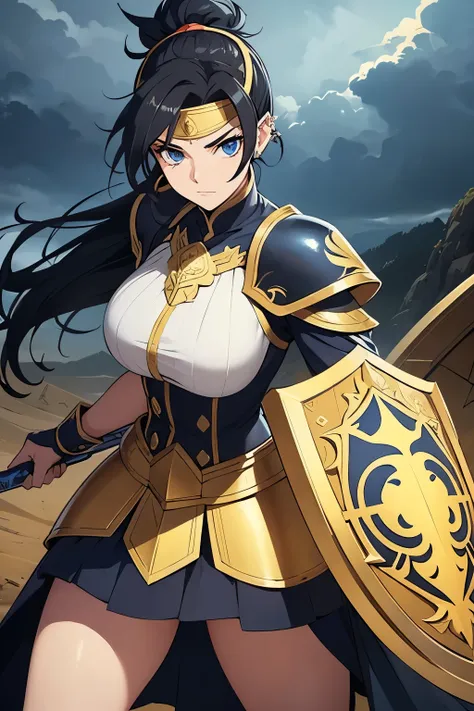 A courageous and determined female hero with sharp, spiky black hair and a headband across her forehead, symbolizing her resilience. Her piercing blue eyes shine with a sense of justice and bravery. She wears a well-fitted blue and yellow outfit adorned wi...