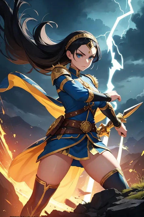 A courageous and determined female hero with sharp, spiky black hair and a headband across her forehead, symbolizing her resilience. Her piercing blue eyes shine with a sense of justice and bravery. She wears a well-fitted blue and yellow outfit adorned wi...