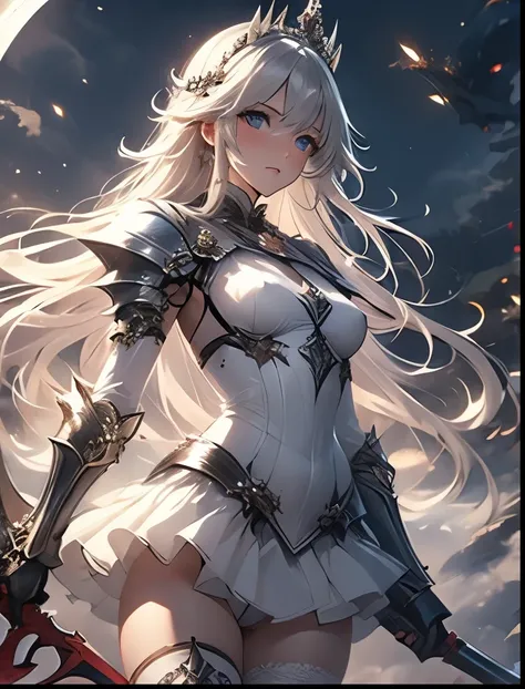 （（（ＳＦＷ、Precision、Highest quality、A first-class masterpiece、Normal body、8k、  Detailed Face 、Ultra-precision、 Normal hand、５refer to、Highest）））、A cute, neat, pretty, and shy silver-haired female knight with a blushing, ashamed face、 Racy and Embarrassing High...