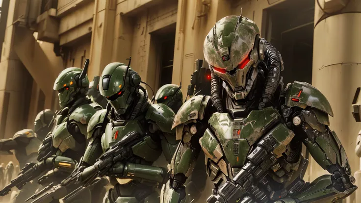 there are many robots that are standing in a line, sci-fi movie still, sci-fi cinematic movie still, movie still of a alien cyborg, alien armor, invasion time on planet earth, jesus christ is the doom slayer