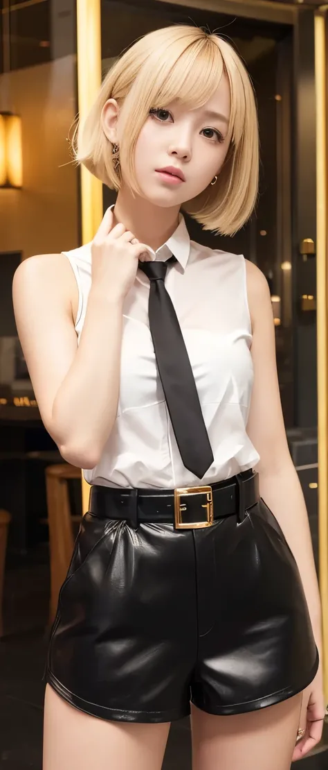  pure idol girl（ Blonde Shorthair）、、Thick legs、Black Leather Tight Shorts、Gold Belted 、、shiny orange shirt with tie、、Good style、A pure girl&#39;s face