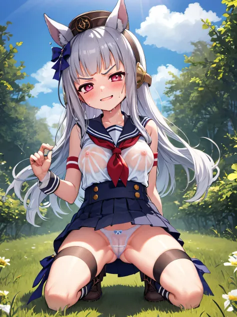 blue sky、grassland、nature、 ( top quality:1.2), Alone,  1 girl, umpd gold ship,[Hat type, V-shaped eyebrows,  sailor suit、 skirt、 boots,  、 Kindergarten Mother、、、 s、 sの小さな体、blush、smile、 glaring at a large amount of love liquid 、 nipples can be seen through、...