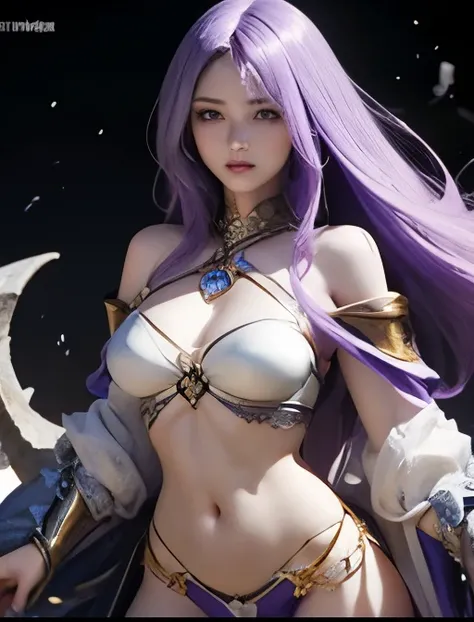   top quality、 realistic 、 Woman with long hair、 light purple hair  、  with a dignified expression、Mid-chest、  White Off Shoulder Armor(Skull shape ) 、belly button、  Beautifully Exposed Thighs  、Another World、Dark fantasy