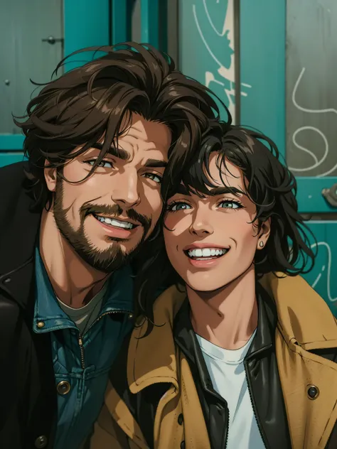 A lively and stylish portrait of a young couple smiling warmly in front of a weathered turquoise door with graffiti. The man has long, tousled dark hair, a beard, and is wearing a denim jacket layered with a cozy, dark coat, exuding a relaxed and rugged lo...