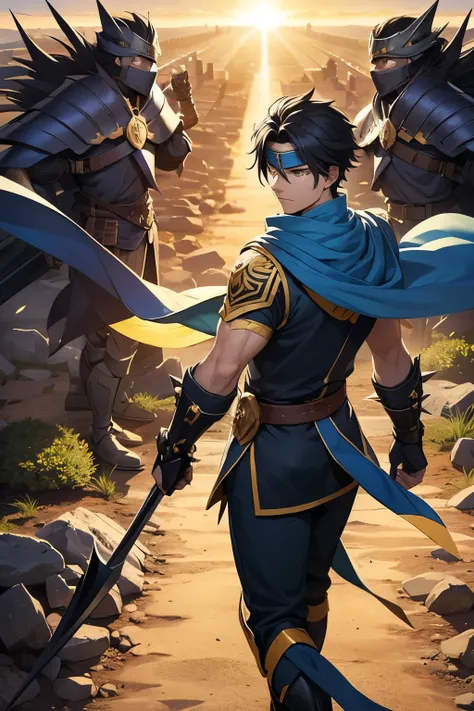 A determined and heroic male warrior with spiky black hair and a forehead protector engraved with a symbol of bravery. His intense gaze reflects his unwavering resolve to protect and fight for justice. He wears a striking outfit consisting of a blue and ye...