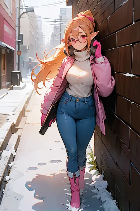 Female elf, long amber-colored hair (ponytail), pink eyes, glasses, simple winter clothing (sweater + puffy coat, long jeans, boots, pink earmuffs), curvy (sweater stretched a bit tight), outside (winter, snowy sidewalk), keeping warm, soft smile, rosy che...