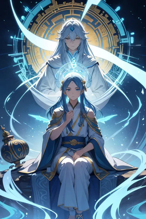 A wise and enigmatic male sage with long, flowing blue hair that cascades gracefully over his shoulders, framing his serene yet determined expression. A forehead protector adorned with ancient runes sits prominently on his brow, signifying his mastery of m...