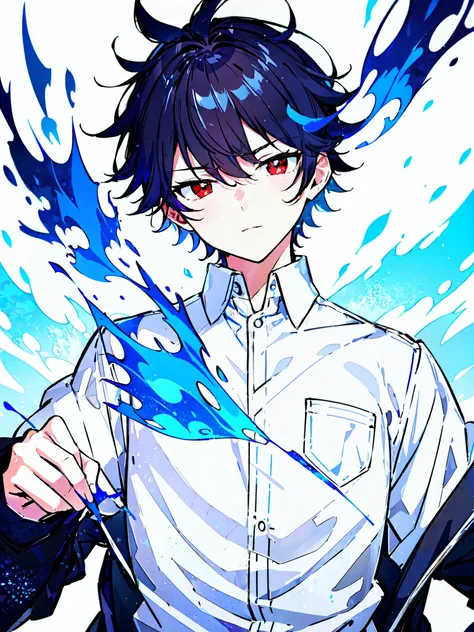 [(WHITE BACKGROUND:1.5),::5], ((masterpiece)), high quality, ultra very high resolution, full color, ((solo)), ((little younger boy)), white shirt, ((mens Black hair)), (Red eyes), anime, (upper body), (Blue Blaze effects:1.3)