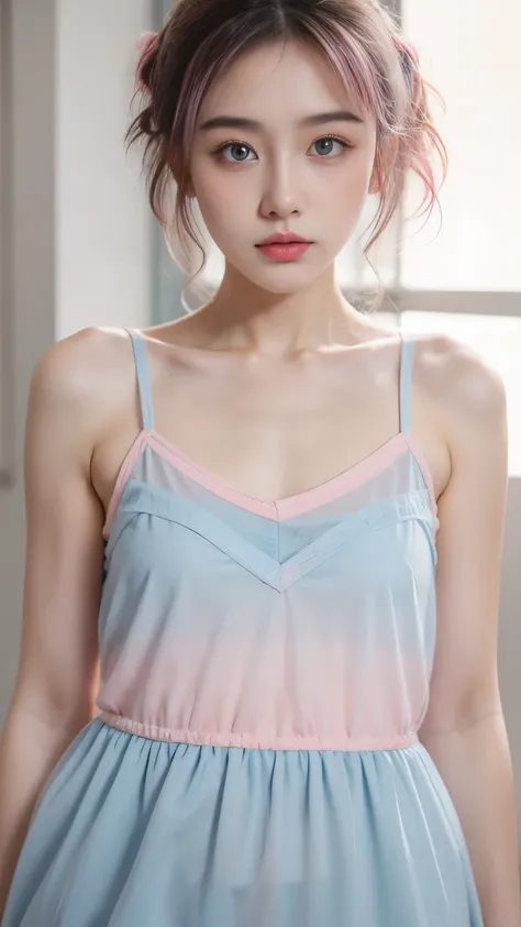 Light blue and pink color scheme，Sexy Girl ，tiny body，Petite，white curly hair,　Colorful colored camisole