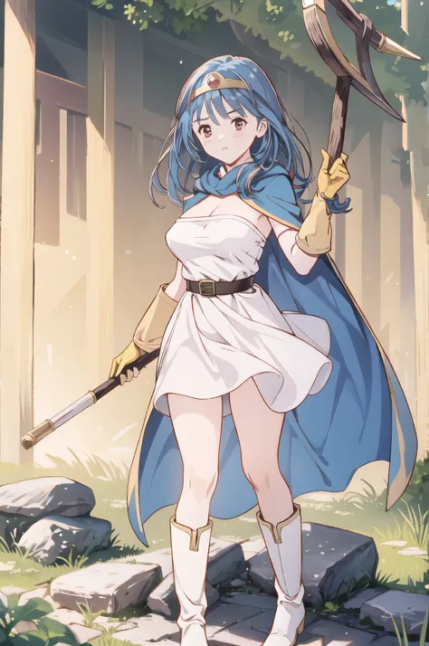  top quality, , _(dq3),  one girl , (holding staff, staff:1.3), Alone,  long hair,  blue hair,  circlet, red eyes, Normal Breasts, YELLOW GLOVES , white dress,  belt bag , Cape,  long boots,  clevis on a stone,  shoulder out, underwear,  Standing , whole b...