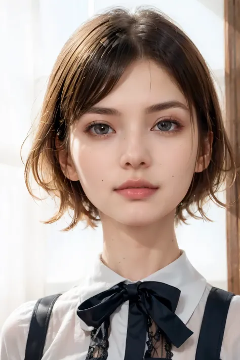 masterpiece、best image quality、Super fine、32K、look at the viewer、look straight ahead、luxury lace white blouse、short hair facing outside、light brown hair、46 points diagonal bang、highest quality、(real:1.4),ultra high resolution、 (thin and beautiful eyes:1.6)...