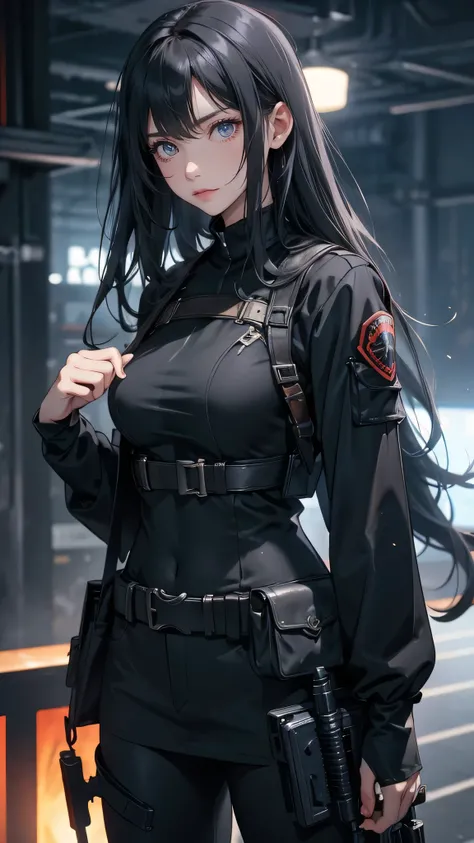 Make a character from the free fire game, with long black hair, gray eyees and tight clothing with a machine gun in his hand, with a mysterious look.