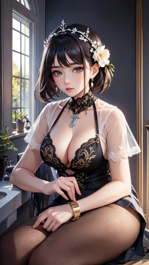 (( top quality)),( super high resolution ),( super detailed),( detailed description ),(( best CG )),( Best Artwork ), Ultra Precision Art, amazing painting art,(Exquisite art:1.5),　woman, Front open shirt,  listless expression,  chain necklace for toilet, ...