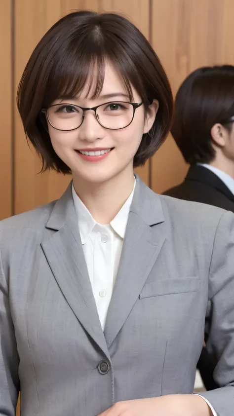 334 (20-year-old female, short hair), ( high image quality), (smile), (Glasses、 business suit), ( colorful ), ( cafeteria )