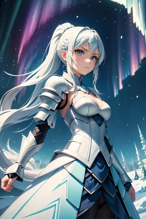  magic before the Ice Castle， anime illustration、 Ponytail，Snowstorm， Aurora，armor，Cold Stare，Prime，