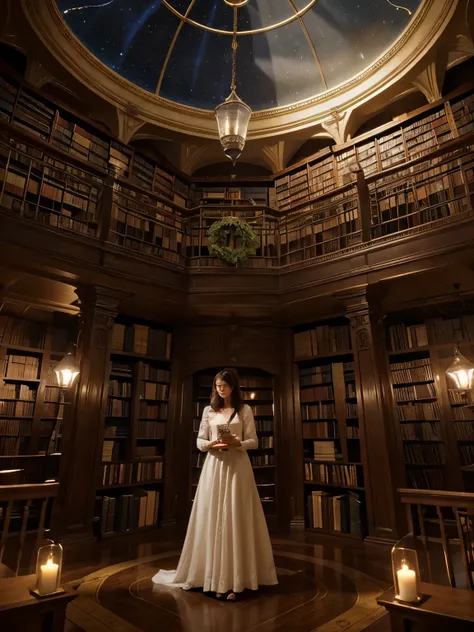 Scene:
  - A massive magical library
  - Towering spiral bookshelves with enchanted floating books gliding through the air
  - Vines and plants entwined with shelves, walls, and ceiling, glowing softly with magical light
  - The ceiling is a glass dome, re...