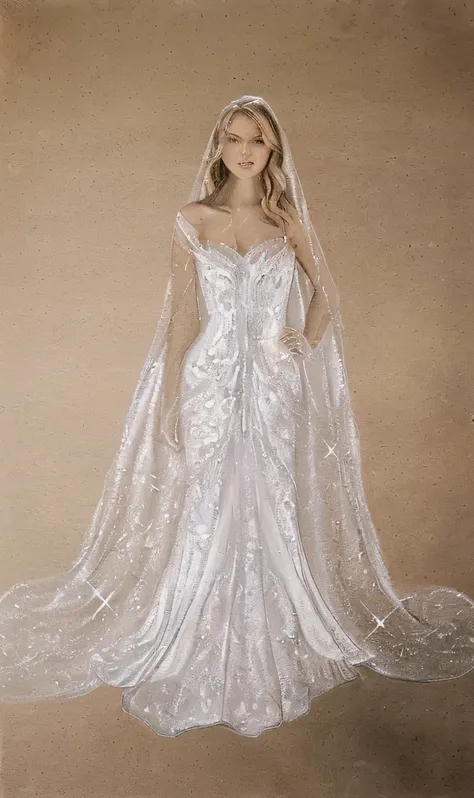 Create a photorealistic, high-resolution image of a model wearing the wedding dress from the provided sketch. The dress should feature intricate sparkling details, delicate lace patterns, and a flowing, airy design. The veil should look ethereal with a sub...