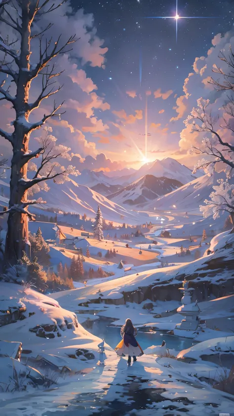 (( top quality)),( super high resolution ),( super detailed),( detailed description ),(( best CG )),( Best Artwork ), Ultra Precision Art, amazing painting art,(Exquisite art:1.5),  a cold wind blows through , far away,  Frozen Earth, Leave, star座, dream, ...