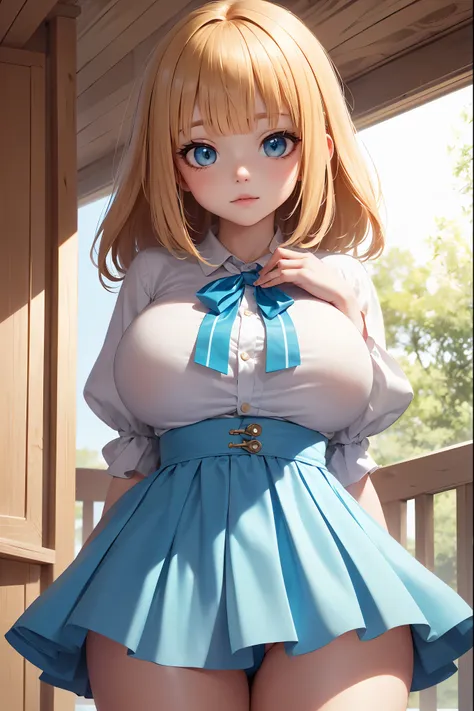 (ultra-detailed),(1 person, ,Petite body,  , loli:1.2),( white blouse , Light blue suspender skirt,Lolita,), (Cute eyes,Baby Face), (blunt bangs,  blonde alone, Fluffy Bob Hair ), ( Very Big Breasts),(Big thighs),( Cowboy Shots),( anime style:1.1),(8k, bes...