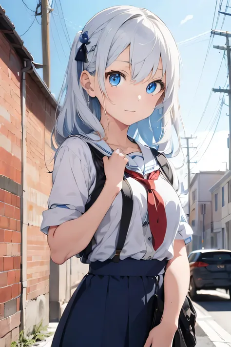 cute anime girl, intricate details, warm color, cute blue eyes, has white hair, has long hair, bright blue eyes, school girl, 