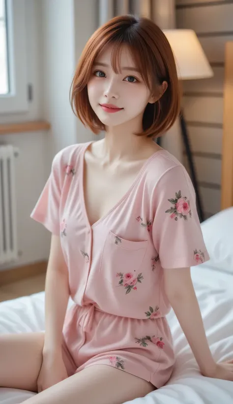  woman in pink floral pajamas is sitting on bed,  Redhead girl, beautiful Red Haired Woman, Red Haired Woman, young  Redhead girl, Short bright red hair,    Redhead and Attractive Traits,   Anna Nikonova a  .k.a.New Milky ,  Redhead girl,  redhead,  beauti...