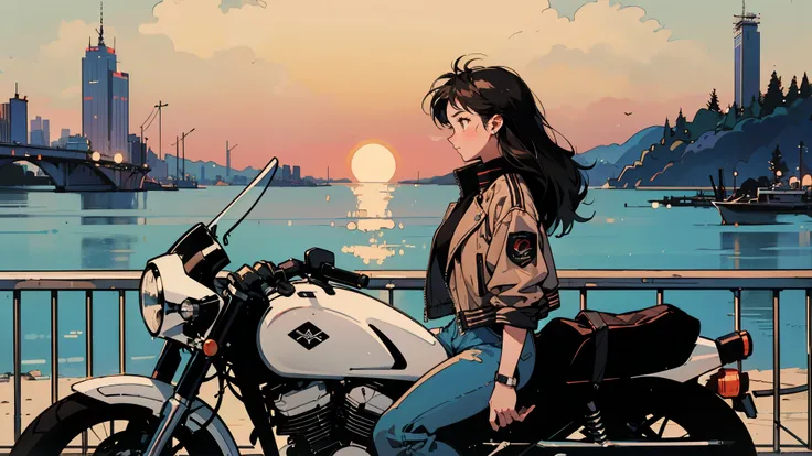  top quality, 8k,  1990s style , 2010s hairstyles,  21 year old girl , looking here,  black hair,  long hair,  light brown eyes, Big headphones, city pop,  Leather Jacket, leather pants ,  lean against the guardrail, whole body, The background is seaside a...