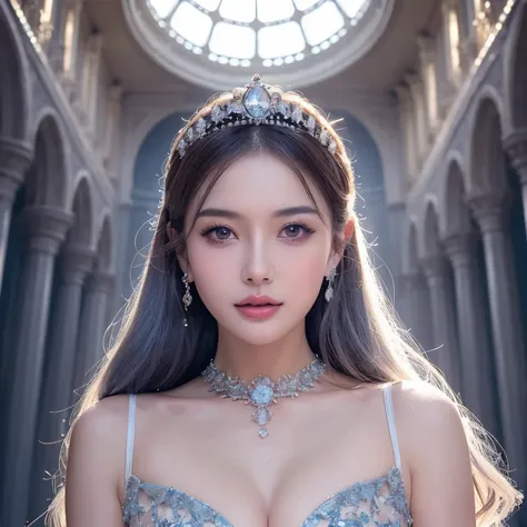 ((highest quality、table top、8K、best image quality、extremely complex and detailed depiction))、one snow princess、(Snow Maiden in the most luxurious palace made of ice:1.1)、(The most elaborate and luxurious sparkling ice palace cathedral:1.2)、(Inside the most...