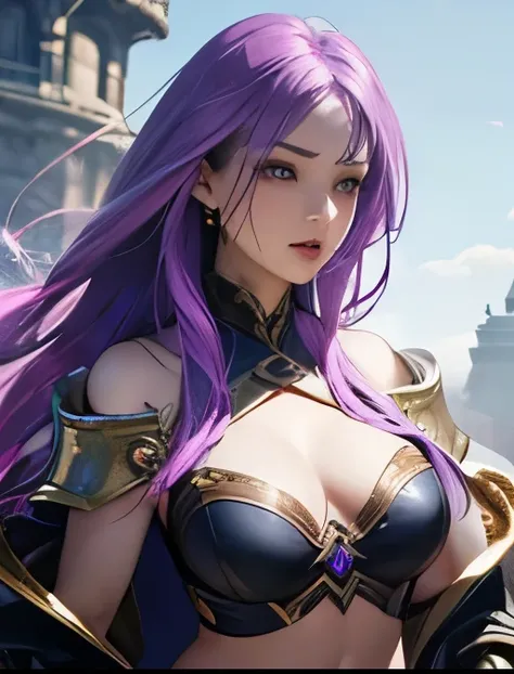   top quality、 realistic 、 Woman with long hair、 light purple hair  、Rin々A funny expression、Mid-chest、  White Off Shoulder Armor(Skull shape ) 、belly button、 Another World、Dark fantasy