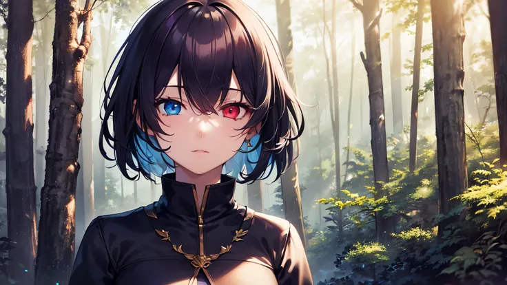  top quality, 8k, 4K,  high definition ,  High Contrast,1girl,only, ２０generation,  short hair,  dark purple hair,  heterochromia(red eyes,blue eyes), Eyes with highlights,( beautiful detailed face), Moderate bust, Clothes based on black ,  Fantastic Forest...