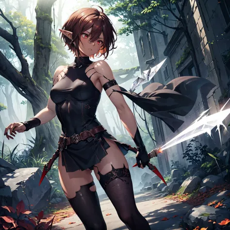 masterpiece, best quality, highly detailed, digital art, character design, full body shot, (female elf assassin), (dark skin tone:1.3), (dark red eyes:1.2), (short terracotta hair:1.3), hair ornament, long eyelashes, (small pointy ears:1.2), lean muscular ...