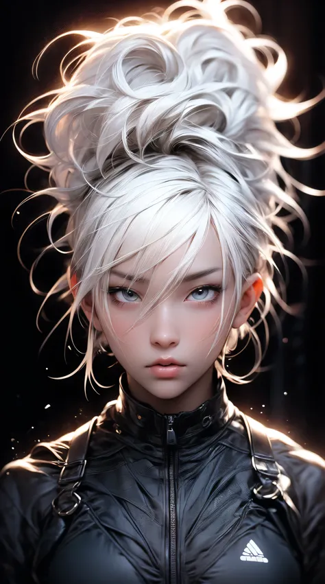 Generates a manhwa-style image of a ****** asian girl with white, smooth skin, a few strands of black wavy hair, the serious look and the intense seductive eyes, torn and small, petite, Lewd, (porcelain doll), horny, flat chest, sexual gaze, edgy graphic d...