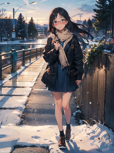 Anime - Illustration of a woman in high school clothes, winter outfit:1.5, anime character, official character art, neat and serious, full body, female anime girl, Posing:1.5, dark long hair, parted bangs, glasses, (Tanned:1.0), Looking at camera, (Embarra...