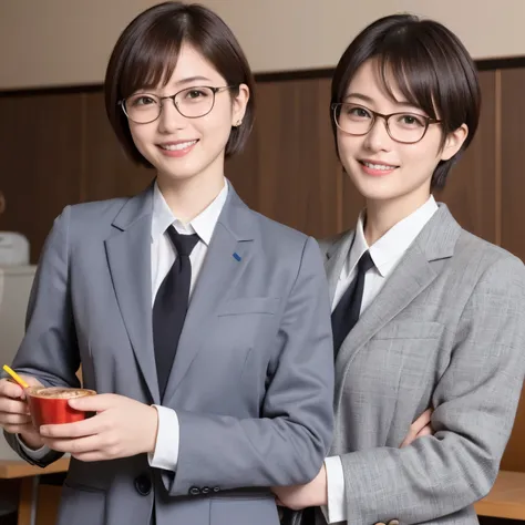 334 (20-year-old female, short hair), ( high image quality), (smile), (Glasses、 business suit), ( colorful ), ( cafeteria )