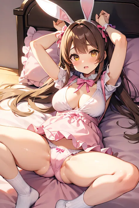  male genital insertion ,missionary position, vaginal , Light Brown Hair ,Yellow Eyes, Twin Tail Hair, rabbit ears ,Big Breasts, short,Baby Face, Pink Ribbon Barrette, cute pink ruffle clothes,Cute Bed,No open leg panties 