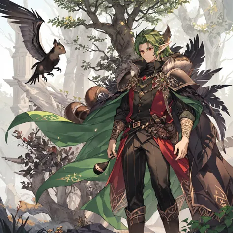 masterpiece, best quality, highly detailed, digital art, character design, full body shot, (male elf king:1.4), 
(tall muscular male figure:1.3), (long dark green hair with black watermelon-like stripes:1.2), slicked back hair style, 
(sharp red piercing e...