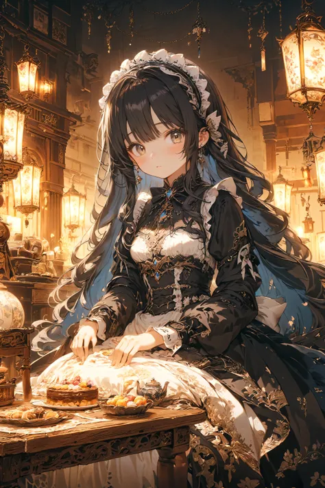 Masterpiece, high quality, high resolution, 16K, Makoto Shinkai illustration, exquisite background, petite girl, black hair, long hair, gothic lolita, maid outfit, fair skin, long eyelashes, beautiful eyes, over knee high, full body, soft expression, prepa...